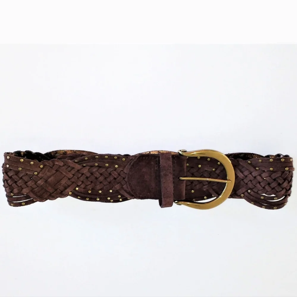 Coldwater Creek Brown Leather Braided Gold-Tone Metal Accented Wide Belt